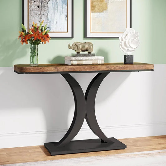 Industrial Console Table, 40 inch Narrow Entryway Foyer Table with Geometric Base, Rustic Hallway Accent Table for Living Room.