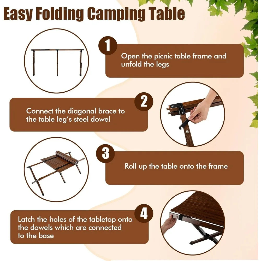 Folding Picnic Table, Roll-up Bamboo Tabletop, Portable Camping Table w/Carry Bag, Indoor Outdoor Table for Patio Garden Beach