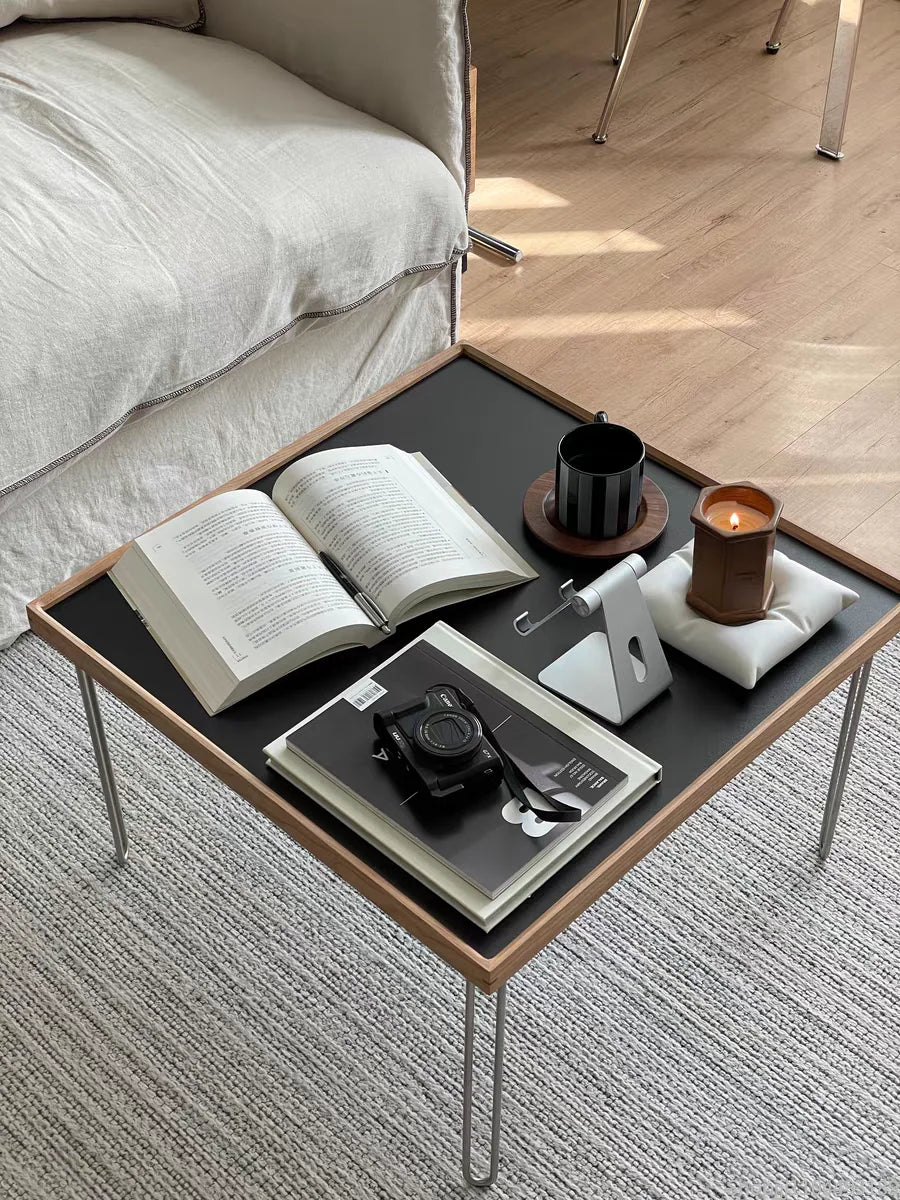 Elegant Square Coffee Table, Mid-Century Modern Nordic Style, Stainless Steel, Cherry Finish