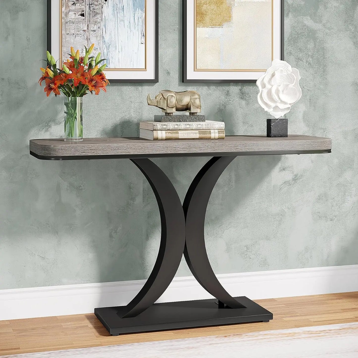Industrial Console Table, 40 inch Narrow Entryway Foyer Table with Geometric Base, Rustic Hallway Accent Table for Living Room.
