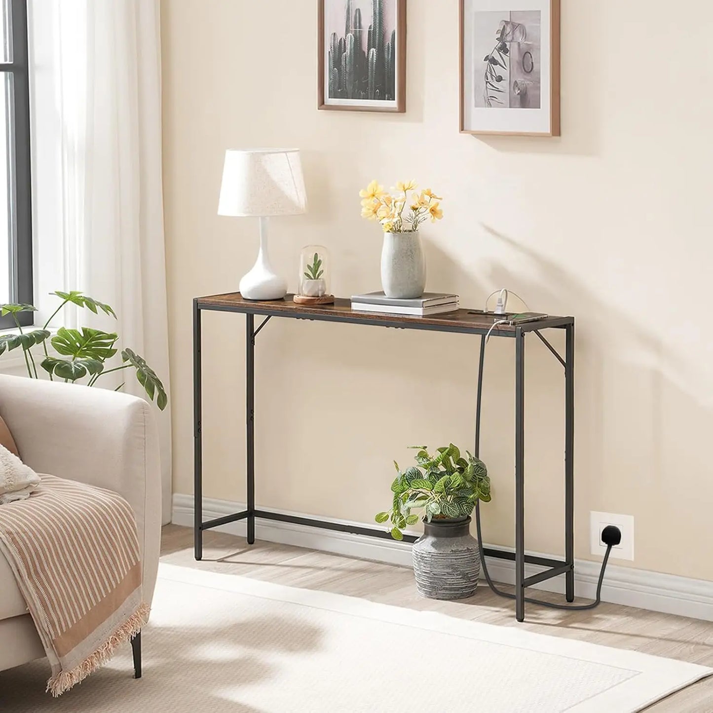 Console Table, Narrow Sofa Table, Entrance Table with Power Station, Behind Couch Table, Simple Style