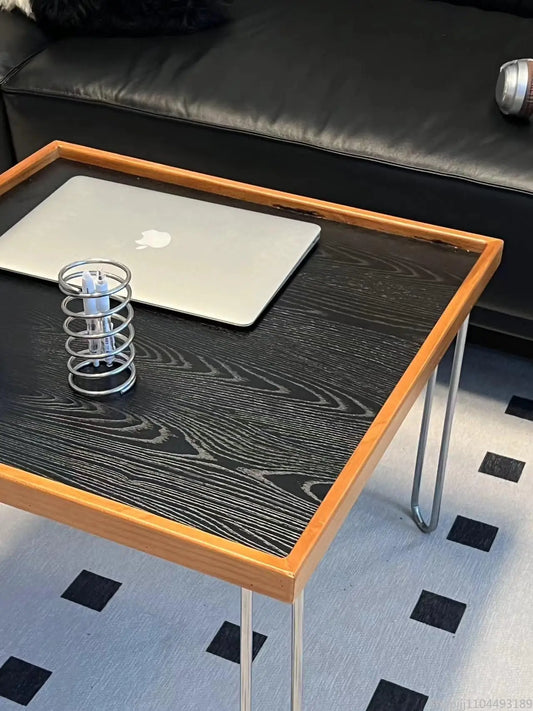 Elegant Square Coffee Table, Mid-Century Modern Nordic Style, Stainless Steel, Cherry Finish